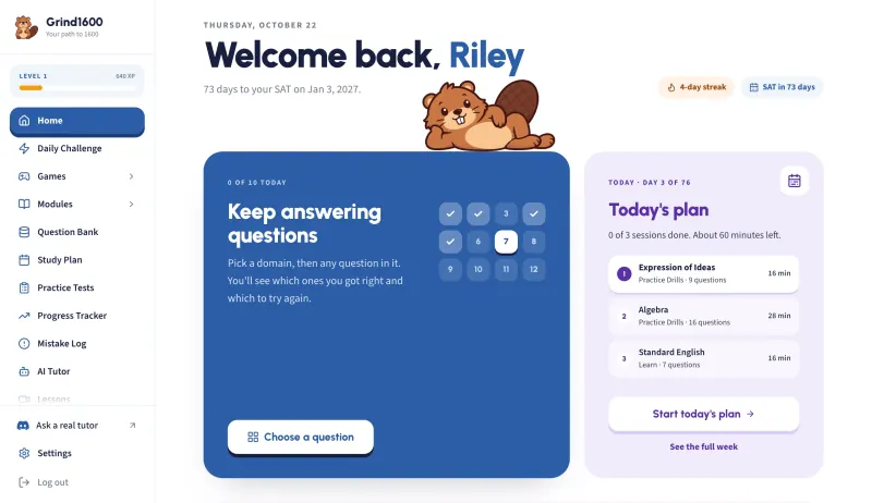 Student dashboard with today's plan