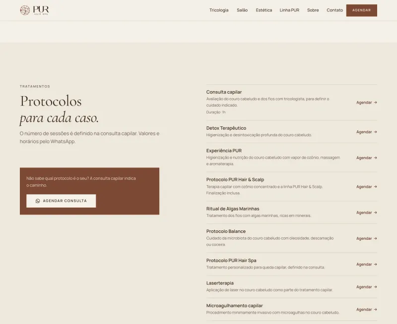 Services menu with booking links